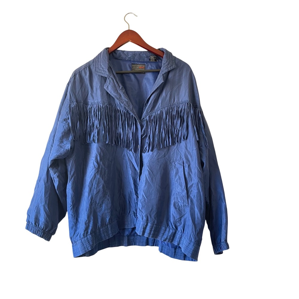 Mureli Vintage Blue‎ Fringe Western Silk Jacket 2XL Oversized 80s 90s Boho